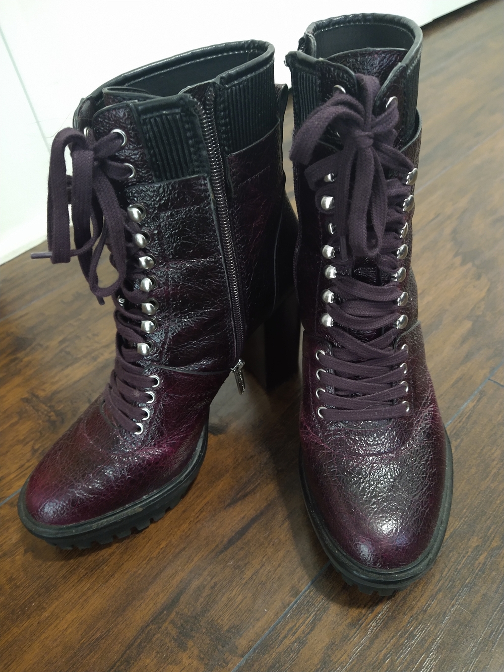 Vince Camuto Lace-Up Chunky High Heel Ankle Boots in Plum Purple